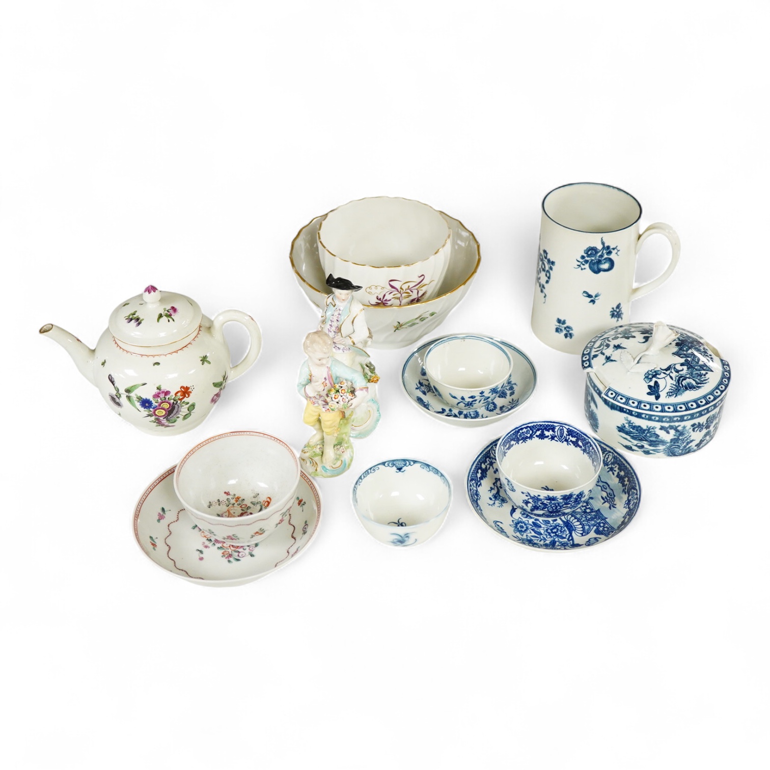 18th century mixed Worcester etc, including blue and white tableware together with two figurines etc, teapot, 13cm high (13).